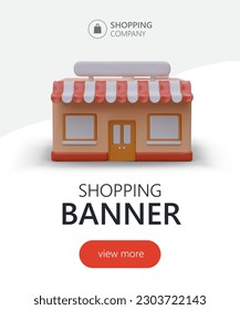 Vertical poster with cute shop image. 3D illustration in cartoon style, positive design. Advertising online store, shopping application. Design with place for text, button