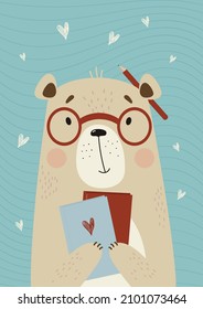 Vertical poster with cute smart bear in glasses with books and pencil on blue background with hearts. Vector illustration. For design, print, room decor, postcards, kids collection