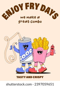 Vertical poster with cute soda french fries characters in retro cartoon style. Vector illustration of a fast food mascot with arms, legs and a cheerful face.