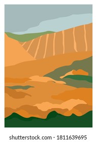 Vertical poster with a decorative landscape of fall nature. Banner of flower fields, hills, and blue neba is drawn in a trendy cut-out style. Background for brochures, notebooks. Vector illustration.