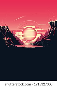 Vertical poster depicting a red moon and fantastic volcanoes and mountains on a dark background. Unreal space vector illustration.