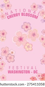 Vertical poster design for National Cherry Blossom Festival in Washington DC with pink sakura flowers vector illustration