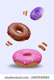 Afiche vertical con diferentes donuts con fondo morado, chocolate, crema rosada y azul. Ilustración vectorial al estilo 3d para la venta de caramelos en línea