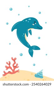 Vertical poster with dolphin. Character in children's style. vector illustration.