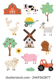 Vertical poster with farm animals. Pig, cow, mill, tractor, goose, chicken in flat style. Cute vector illustration. White isolated background.