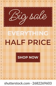A vertical poster featuring a retro-style stitched fabric illustration for a big sale. Banner for advertising, sales, print, social media posts, or brochures.