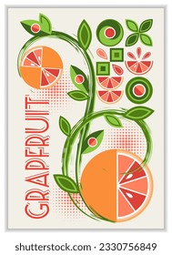 Afiche vertical con pomelo de fruta, formas geométricas abstractas, pinturas de pincel. Buena imagen de marca, decoración del paquete alimentario, diseño de la cubierta, impresión decorativa, fondo, decoración de la pared