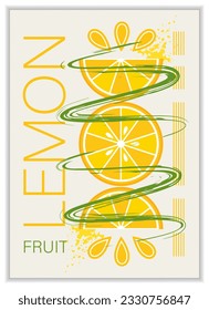 Vertical poster with fruit lemon, abstract geometric shapes, paint brush strokes. Good for branding, decoration of food package, cover design, decorative print, background, wall decoration
