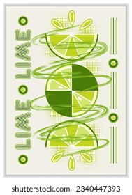 Vertical poster with fruit lime, abstract shapes in simple geometric bauhaus style. Good for branding, decoration of food package, cover design, decorative print, background, wall decoration