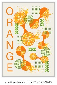Vertical poster with fruit orange, abstract shapes in simple geometric style. Good for branding, decoration of food package, cover design, decorative print, background, wall decoration