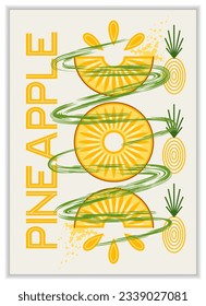 Vertical poster with fruit pineapple, abstract shapes in simple geometric bauhaus style. Good for branding, decoration of food package, cover design, decorative print, background, wall decoration