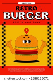 Vertical poster with funky burger character in retro groovy style. Playful psychedelic fast food mascot with location sign. Vector flat illustration