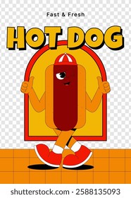 Vertical poster with funky hot dog character in baseball cap in retro groovy style. Playful psychedelic walking fast food mascot. Vector flat illustration