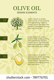 Vertical poster get olive oil. Pictures for three steps, the olive tree, green olives and a jug of oil. Vector illustration. Isolated on white background.
