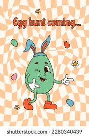 Vertical poster with groovy cartoon character easter egg and quote Egg hunt coming on orange cells background. Flat vector illustration for print, poster, card