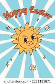 Vertical poster with groovy cartoon character sun and quote Hoppy Easter on blue striped background. Flat vector illustration for print, poster, card