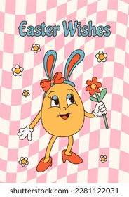 Vertical poster with groovy cartoon character easter egg and quote Easter wishes on pink cells background. Flat vector illustration for print, poster, card