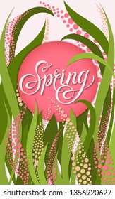 Vertical poster with hand drawn lettering - Spring in pink circle with gorgeous floral background design. Background design can be used for invitation, posters, template - vector illustration.