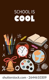 Vertical poster with hand drawn school supplies 