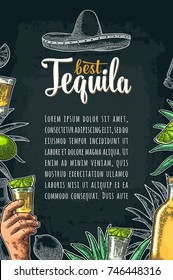 Vertical poster with hand holding glass, sombrero, bottle, salt, agave, lime whole and slice. Best Tequila lettering. Vintage color and white vector engraving illustration on dark background.