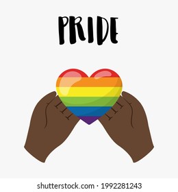 Vertical poster. The heart of the rainbow's LGBT colors lies in black hands. Hands hold the heart. A symbol of tolerance and solidarity. Pride Month. Vector illustration isolated on a white background