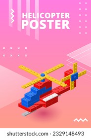 Vertical Poster with a helicopter assembled from plastic blocks in isometric style for print and design. Vector illustration.