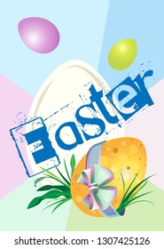 Vertical poster for the holiday of Easter. Spotted egg with a bow in the grass. Flying eggs in the top. Large inscription. Background with large rays of pastel color.