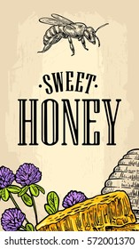 Vertical poster with honey, honeycomb, jar, spoon, bee. Isolated on the beige background. Vector color hand drawn vintage engraving illustration for label, menu