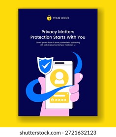 Ilustración de póster de Vertical con privacidad de datos y seguridad cibernética Dibujos planos a mano