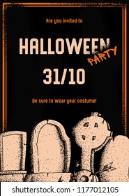 Vertical poster. Invitation to Halloween costume party. Hand drawn vector dot work illustration Cemetery. Tombstones and skull pierced by an arrow. Concept of joy, fear, horror, fun, festival.