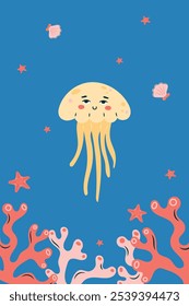 Vertical poster with jellyfish on blue background. Character in children's style. vector illustration.