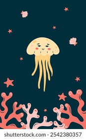 Vertical poster with jellyfish on dark background. Character in children's style. vector illustration.