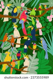 Vertical poster with jungles and colorful parrots. Tropical jungle with exotic parrots