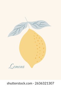 Vertical poster with lemon and leaves. Minimalist card with hand drawn lemon and leaves. Dolce vita aesthetic. Italian summer vacation. Vector illustration