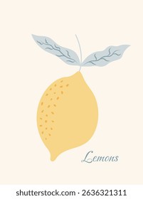 Vertical poster with lemon and leaves. Minimalist card with hand drawn lemon and leaves. Dolce vita aesthetic. Italian summer vacation. Vector design for menu, card, banner, cover
