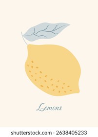 Vertical poster with lemon and leaves. Minimalist card with hand drawn lemon and leaves. Dolce vita aesthetic. Italian summer vacation. Vector background