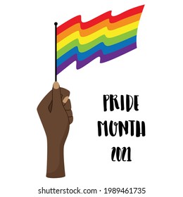 Vertical poster of LGBT Pride month. A raised hand holds a waving LGBT flag. A symbol of tolerance, solidarity, fighting for equality. Vector illustration isolated on a white background