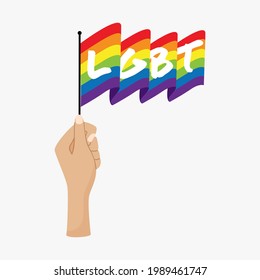 Vertical poster of LGBT Pride month. A raised hand holds a waving LGBT flag. A symbol of tolerance, solidarity, fighting for equality. Vector illustration isolated on a white background