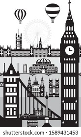 Vertical poster of main landmarks of London. City Skyline vector illustration in black color isolated on white background. Monochrome silhouette illustration of landmarks of London, England. 