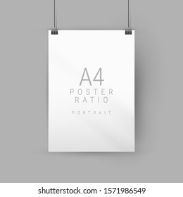 Vertical poster mockup. Empty A4 sized paper frame hanging with paper clips and soft shadows. Vector illustration.