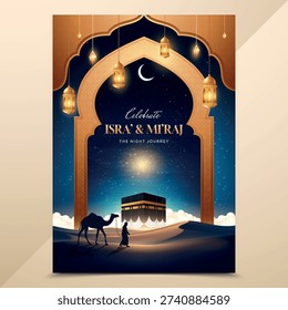 Vertical poster with mosque golden dome crescent moon hanging lanterns desert and camel silhouette with celebration text realistic vector