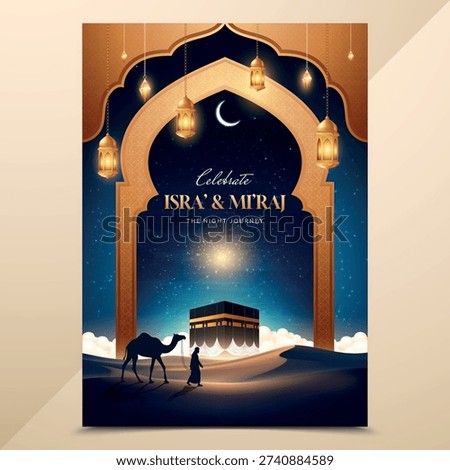 Vertical poster with mosque golden dome crescent moon hanging lanterns desert and camel silhouette with celebration text realistic vector