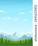 Vertical poster of a mountain landscape. Green valley with trees and mountains. Blue sky with clouds. Summer sunny day. The concept of tourism, hiking, recreation in nature. Vector image.