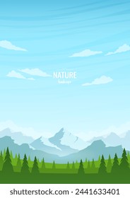 Vertikales Poster einer Berglandschaft. Grünes Tal mit Bäumen und Bergen. Blauer Himmel mit Wolken. Sonniger Sommertag. Das Konzept des Tourismus, Wandern, Erholung in der Natur. Vektorgrafik.