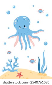 Vertical poster with octopus. Character in children's style. vector illustration.