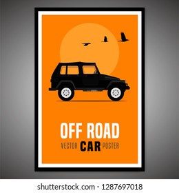 Vertical poster with off-road car in modern style with text copyspace. Vector illustration useful for print, banner, T-shirt design. Editable graphic template in orange, black, white colors