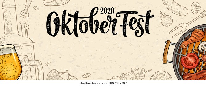 Vertical poster to oktoberfest 2020 festival. Beer glass and barbecue grill top view with charcoal and sausage. Vintage color vector engraving illustration on texture craft paper