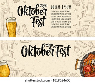 Vertikales Poster zum Oktoberfest 2020. Bier-Glas und Grill Grill Draufsicht mit Kohle und Wurst. Vintage-farbige Vektorgrafikgrafik auf Texturpapier