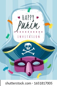 Vertical poster on the carnival theme with masquerade masks and holiday attributes. Purim banner. Vector illustration