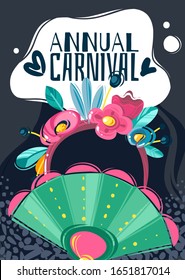Vertical poster on the carnival theme with masquerade masks and holiday attributes. Purim banner. Vector illustration